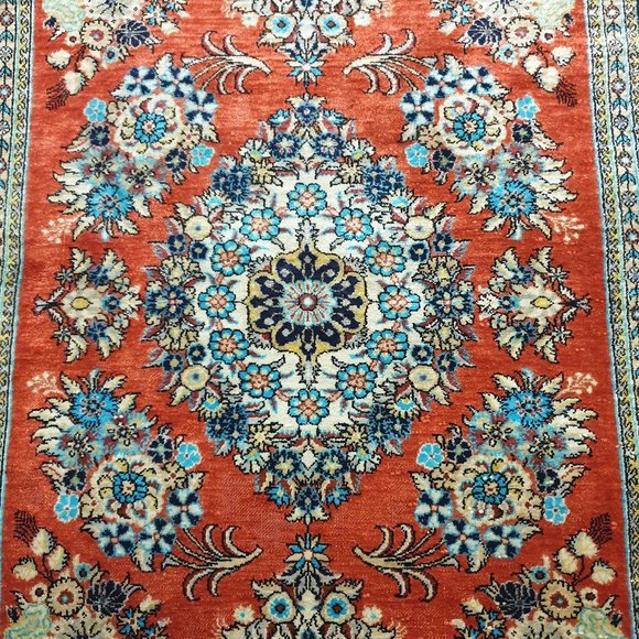 Rare 1950 Semi Antique Red Aqua Black 5x3 Persian Maragheh Qum Rug 100% Silk - Picture 4 of 5